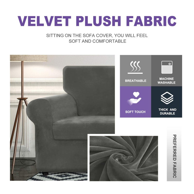ZNSAYOTX Luxury Velvet Couch Cover 4 Piece (72"-92") Stretch Sofa Covers for 3 Cushion Couch Thick Soft Sofa Slipcover with Non Slip Strap, Dog Pet Friendly Nice Furniture Protector (Grey) - Image 2